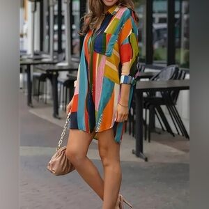 Colorful Geo Print Shirt, Casual Button Front Long Sleeve Shirt